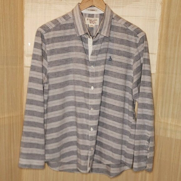 Penguin Mens Classic Fit Linen Blend Grey White Stripe Large - Picture 1 of 5